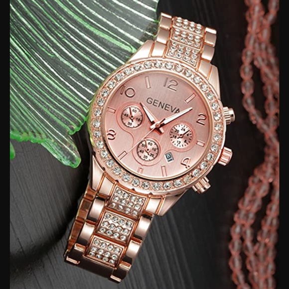 Rose Gld Floating Crystal Calendar Geneva SS Watch - Picture 8 of 8